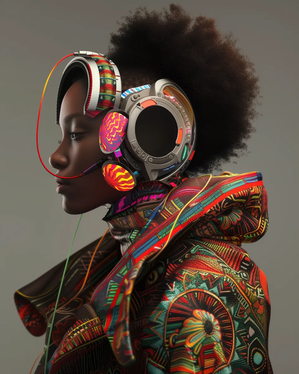 A model wearing Afro-Futurist Expression fashion, drawing on the Afro-futurism movement.